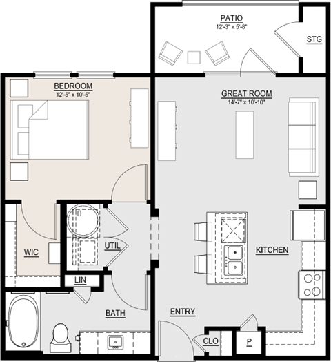 Floor plan for 1 bed, 1 bath, 680 sqft